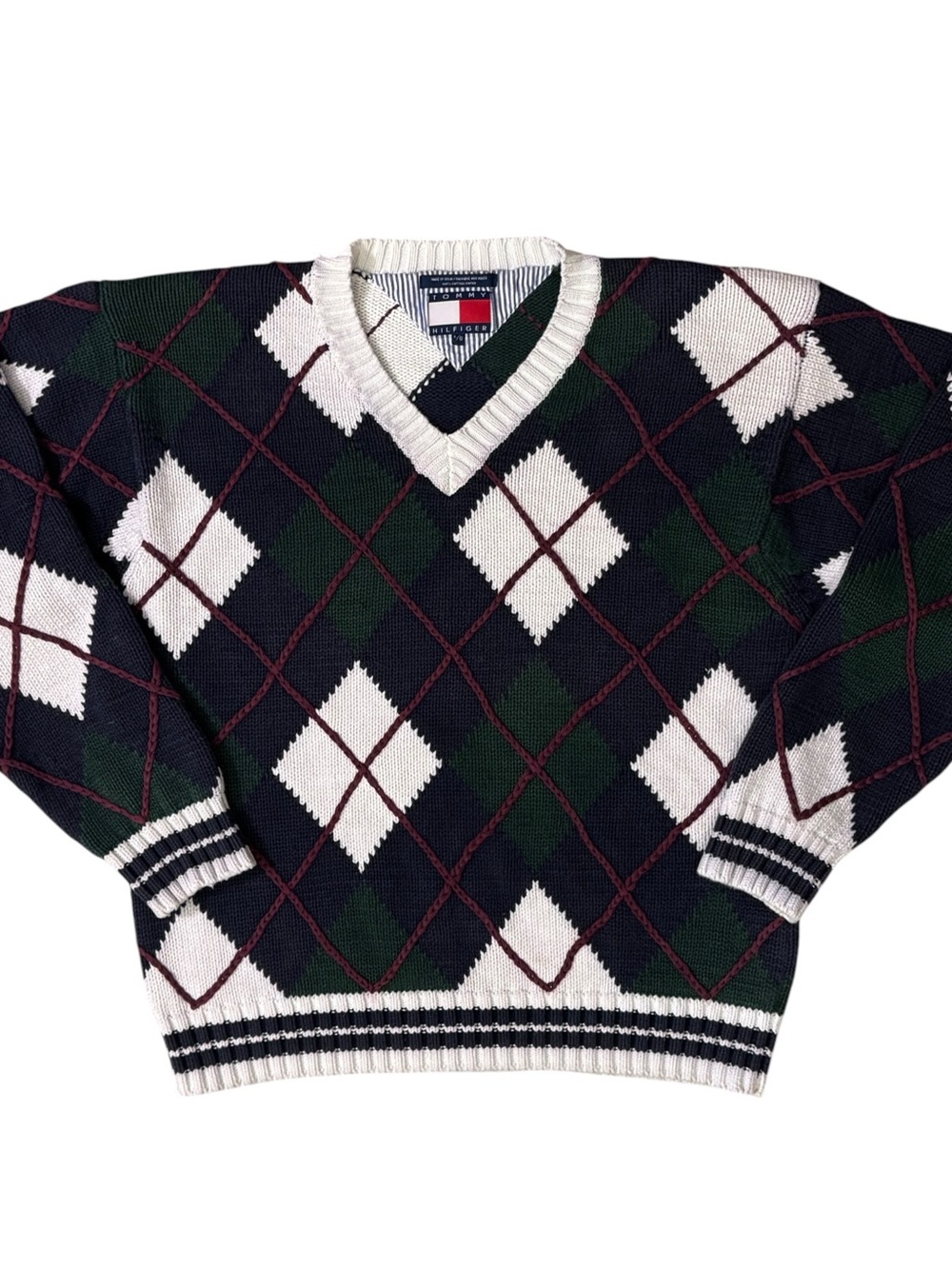 Early Tommy Hilfiger Heavy Knit Sweater Green Blue White Argyle Men's XL Vintage